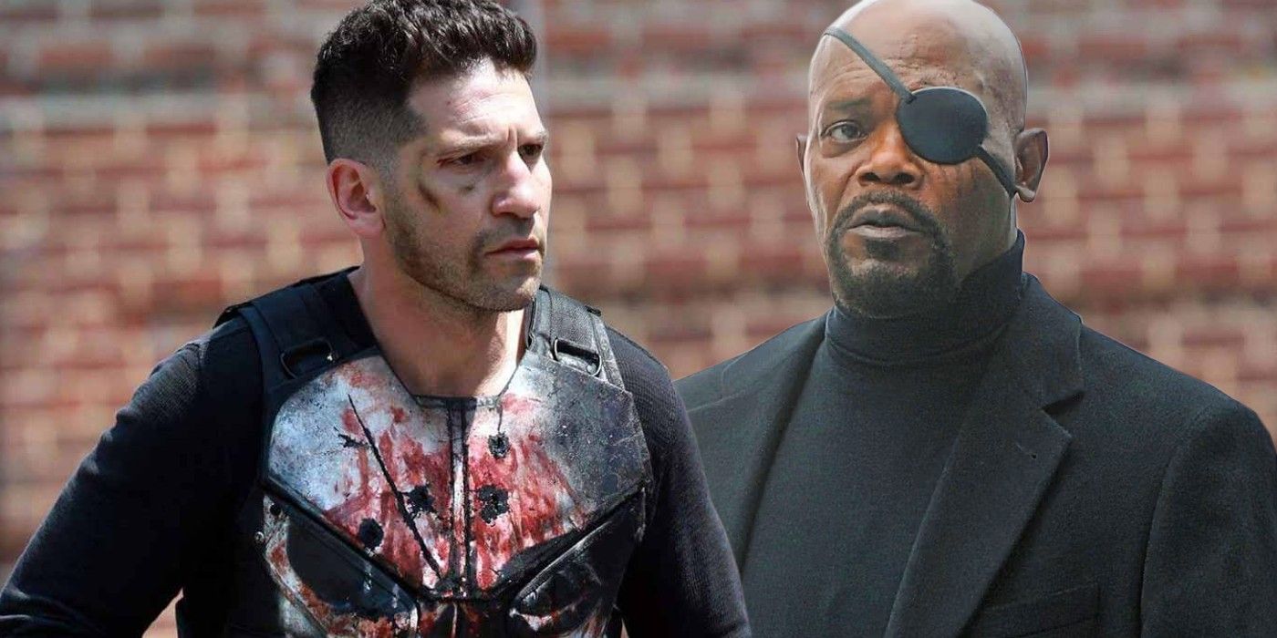 A split image of Bernthal's Punisher and Jackson's Nick Fury in the MCU