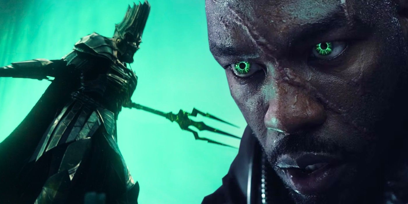 A split image of Black Manta with glowing green eyes and Kordax with is trident in Aquaman and the Lost Kingdom