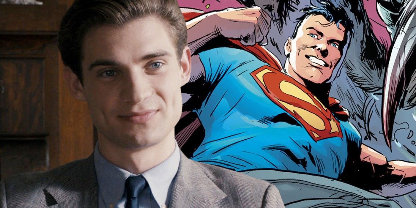 A split image of David Corenswet in a suit and Superman from DC's New 52 continuity