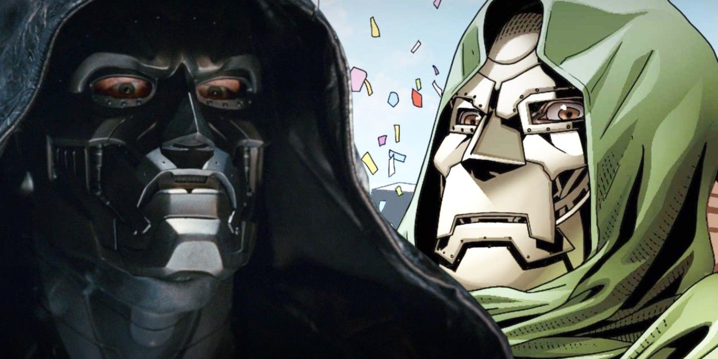 A split image of Doctor Doom in Fantastic Four Rise of the Silver Surfer and a Marvel comic-1