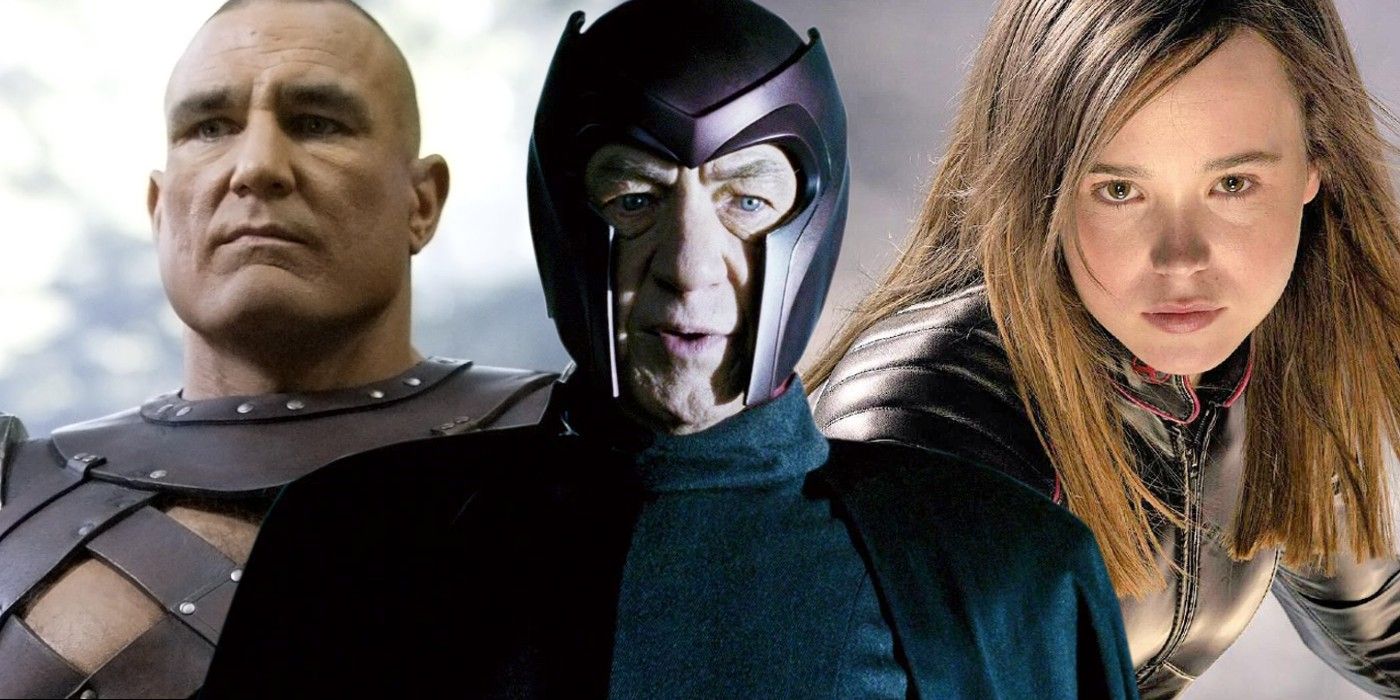 A split image of Magneto, Juggernaut, and Kitty Pryde in X-Men: The Last Stand