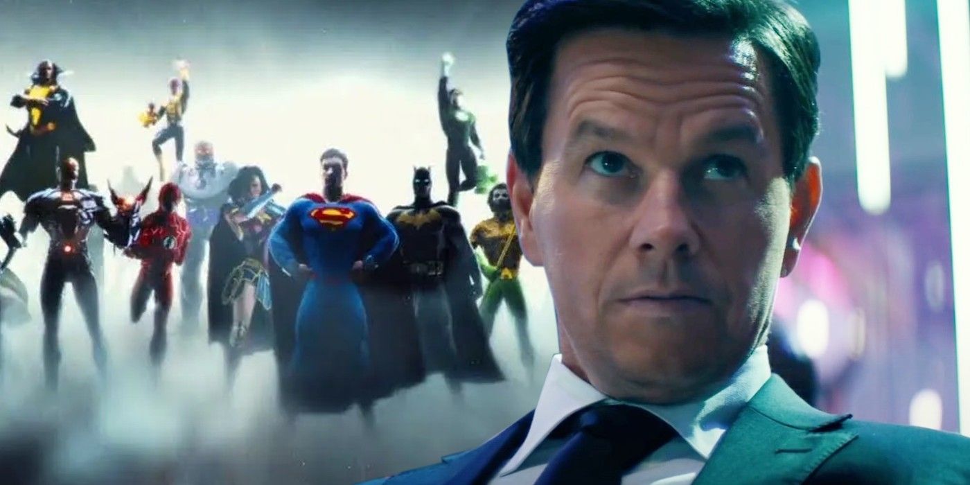 A split image of Mark Wahlberg in Uncharted and DC heroes from the DC Studios intro animation