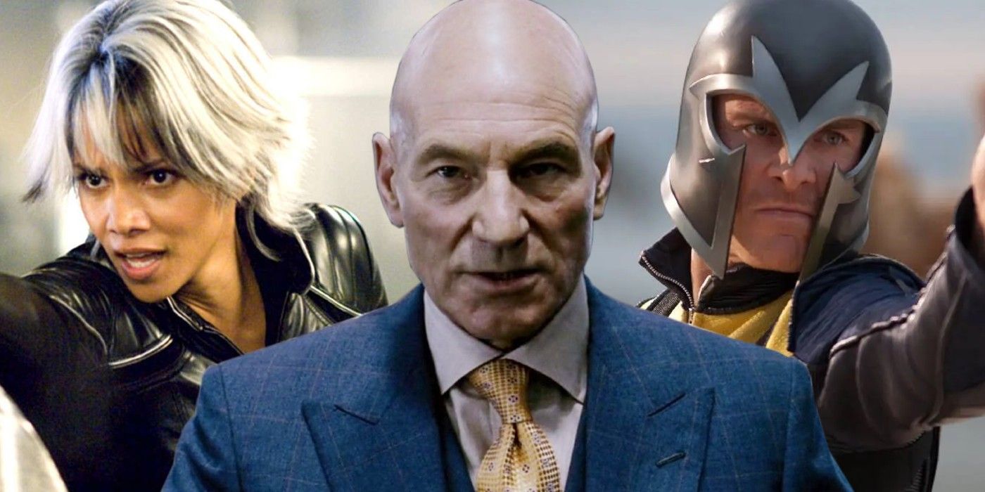 A split image of Professor X, Storm, and Magneto from various X-Men movies