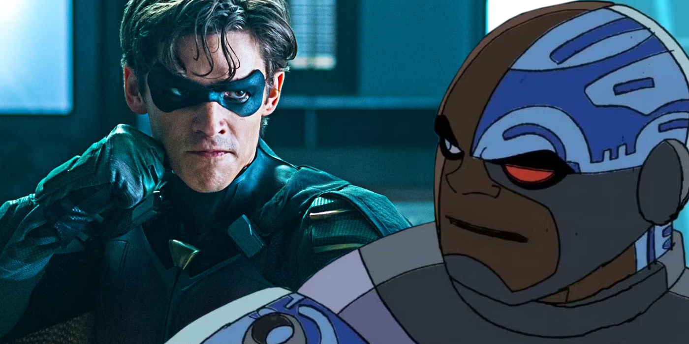A split image of Robin in Titans and Cyborg in Teen Titans
