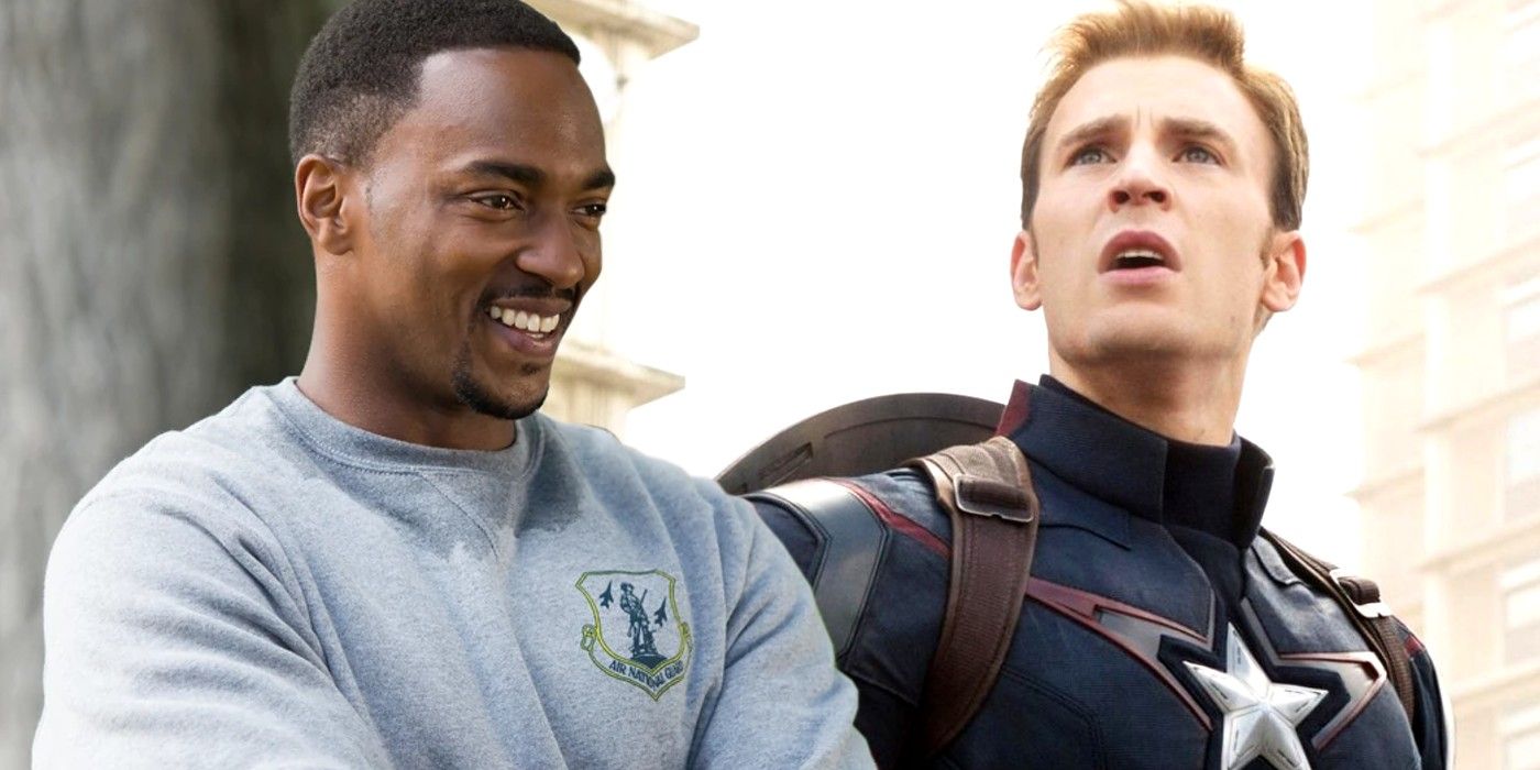 A split image of Sam Wilson smiling and Steve Rogers looking up in the MCU