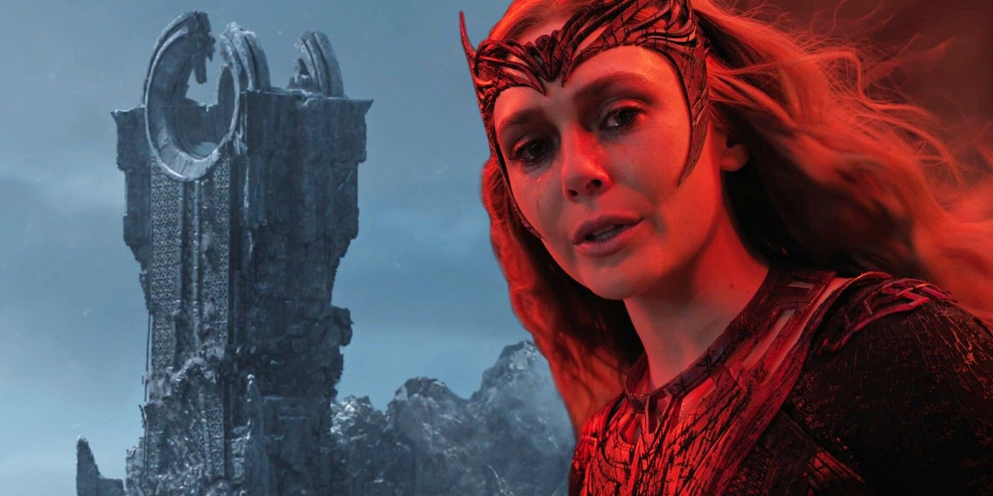 A split image of Scarlet Witch and Mount Wundagore from Doctor Strange in the Multiverse of Madness