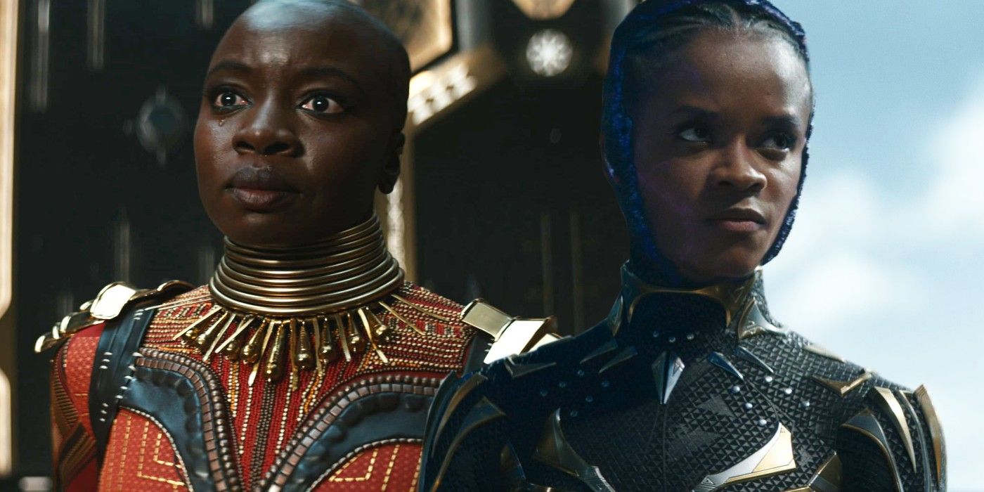 A split image of Shuri and Okoye in Black Panther Wakanda Forever