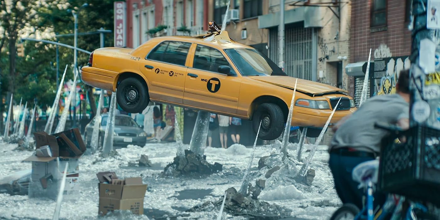 A taxicab skewered on icicles in Ghostbusters Frozen Empire