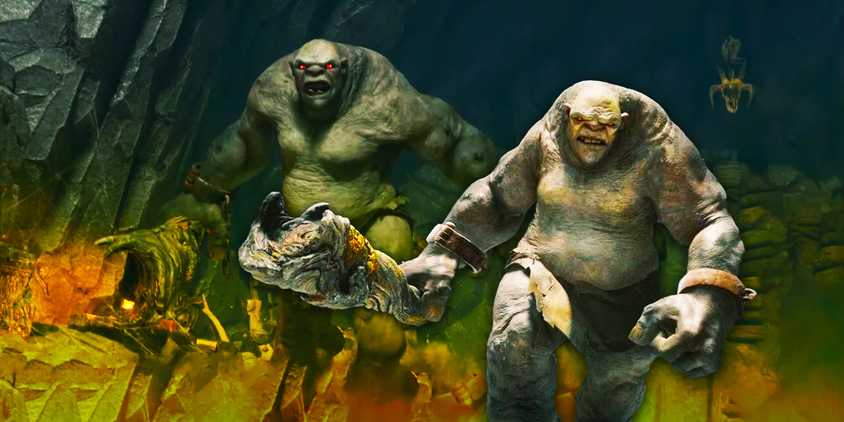 A troll from Hogwarts Legacy marches alongside another of its kind, club in hand