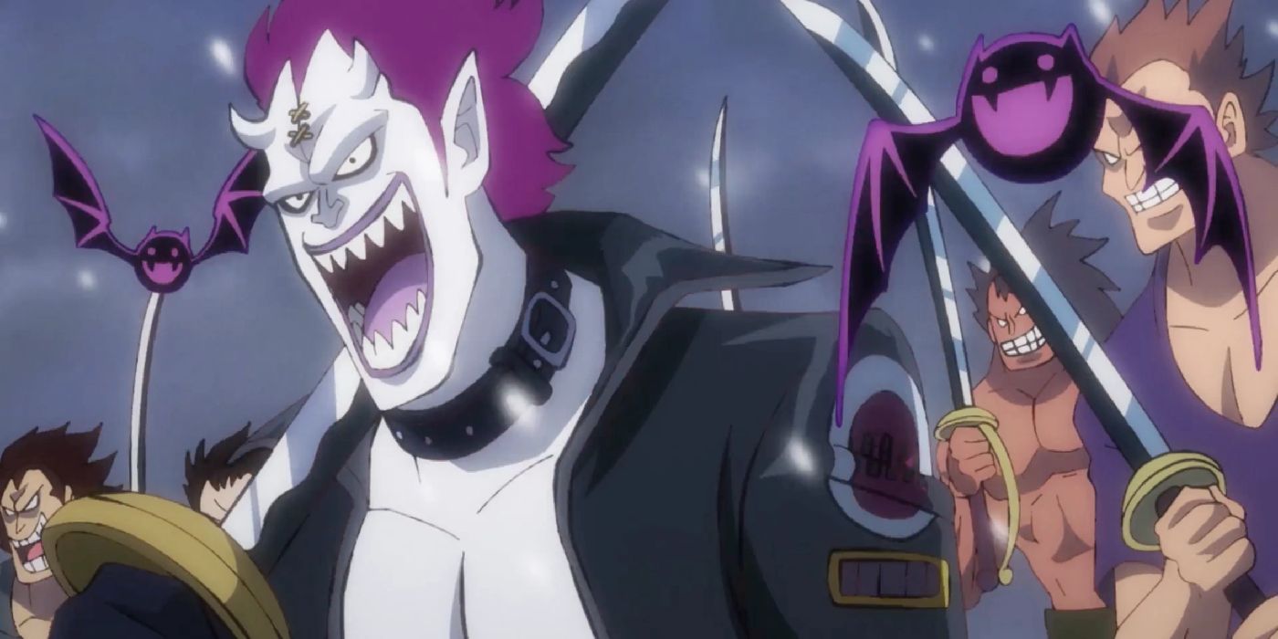 a young gecko moria laughing as he leads his crew against kaido in one piece