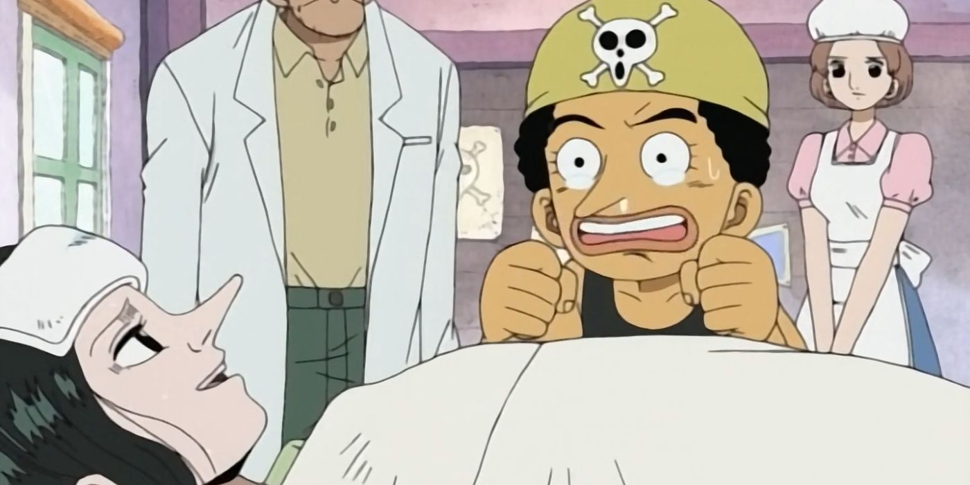 Un joven Usopp junto a la cama de su madre con un médico y una enfermera detrás de él en One Piece