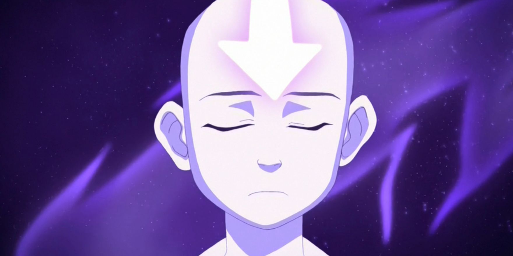 Aang glowing in purple light while he meditates in the animated Avatar The Last Airbender episode The Guru