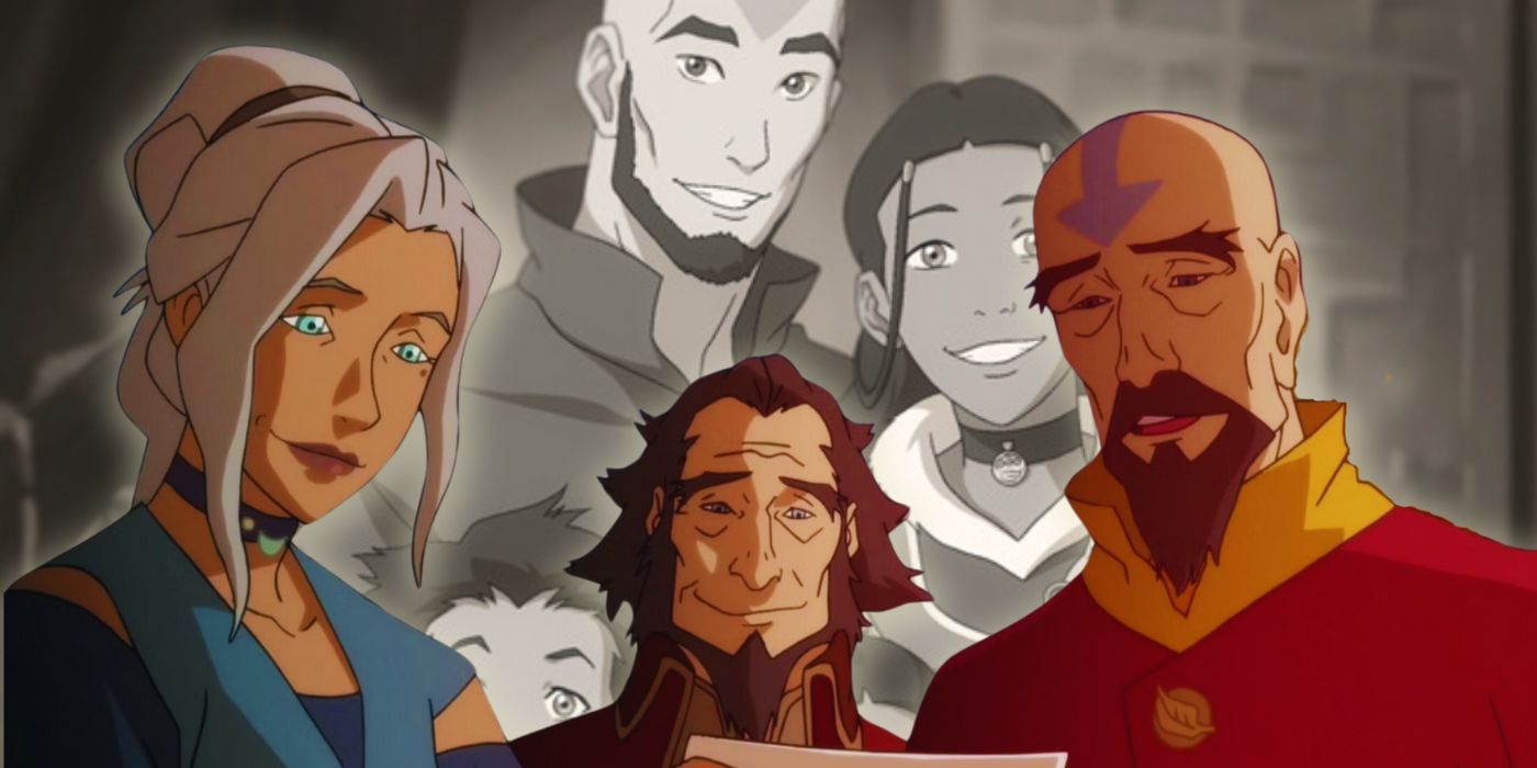 A custom image features Kya, Bumi, and Tenzin looking at a photograph in Legend of Korra in the foregrand while an adult Aang and Katara of The Last Airbender are in the background in greyscale