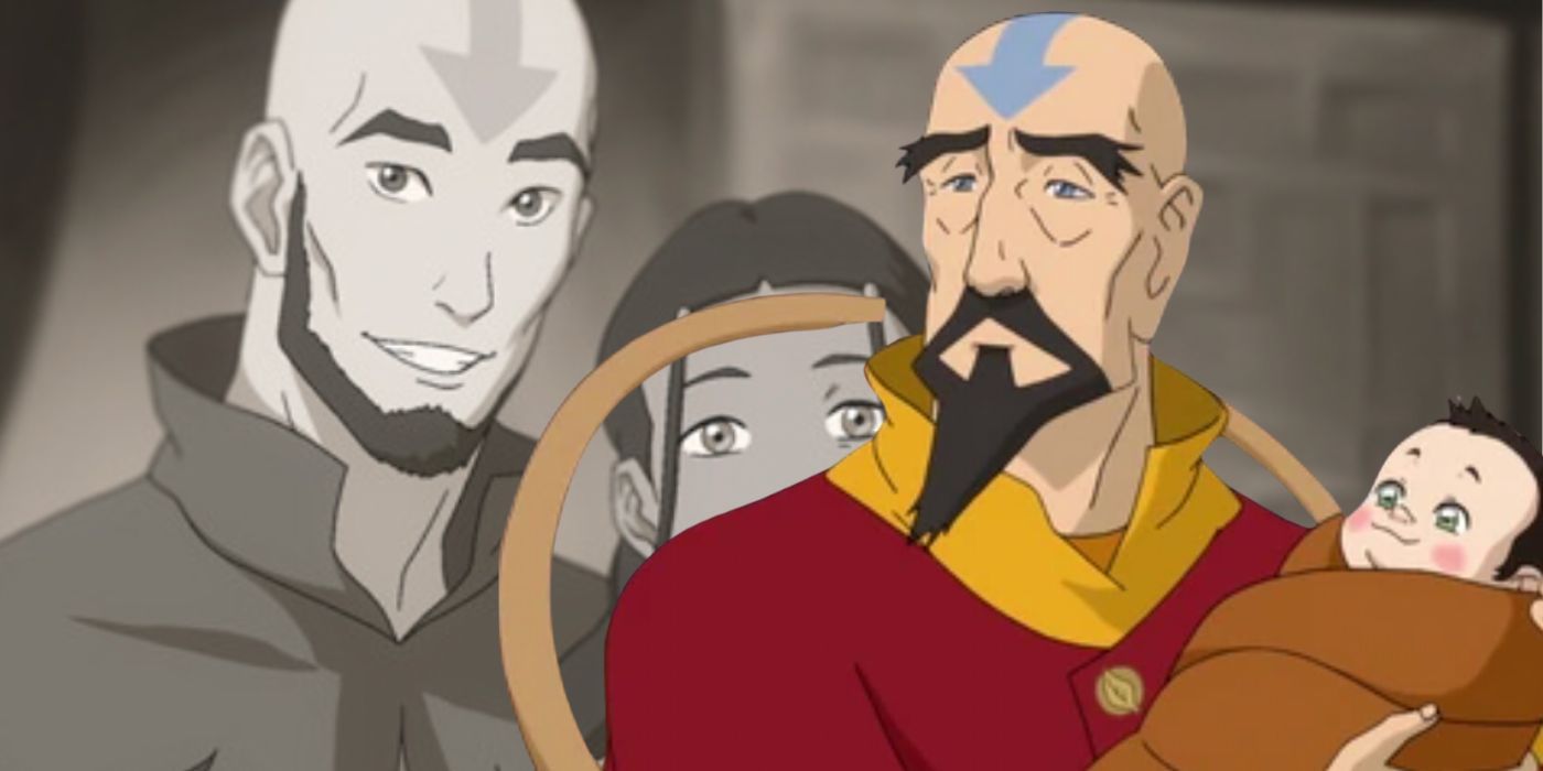 A composite image features Aang and Katara in grey scale with Tenzin and baby Rohan in color from The Legend of Korra