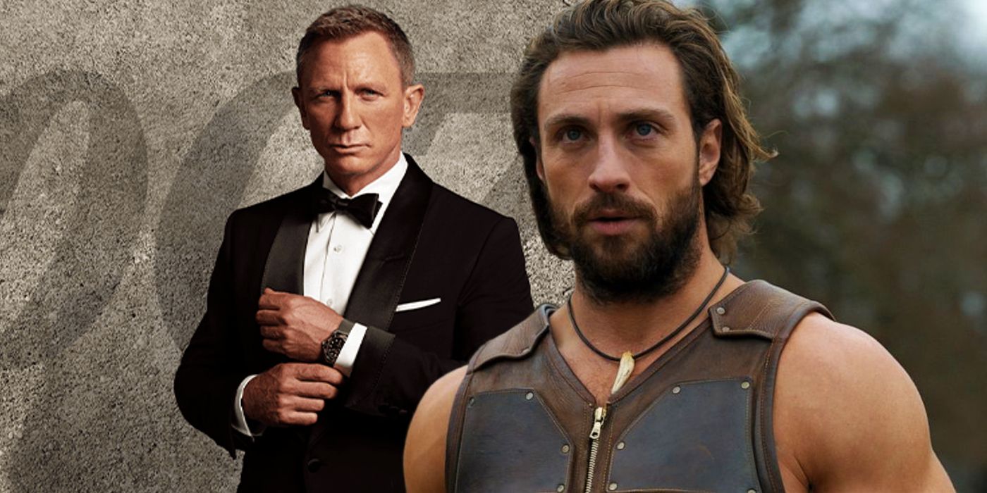 Aaron Taylor-Johnson as Kraven the Hunter next to Daniel Craig fixing his cuff link as James Bond
