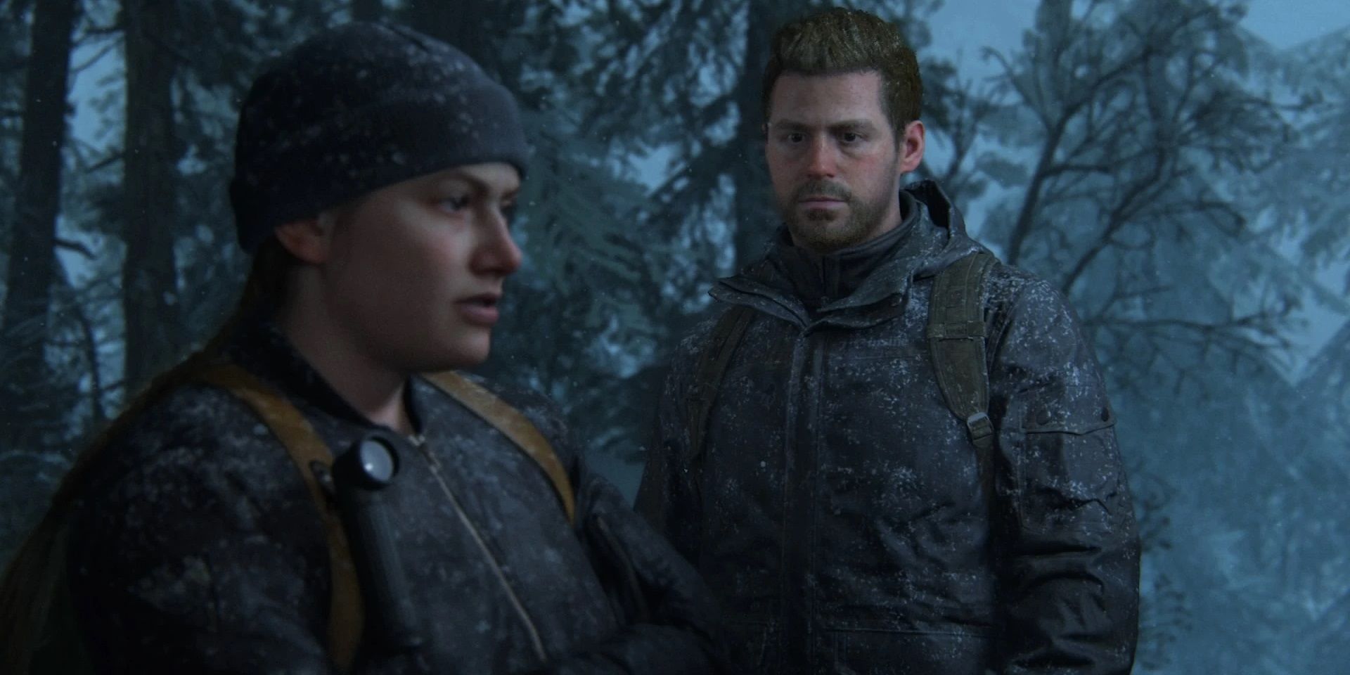 Abby and Owen in the snow in The Last of Us Part II