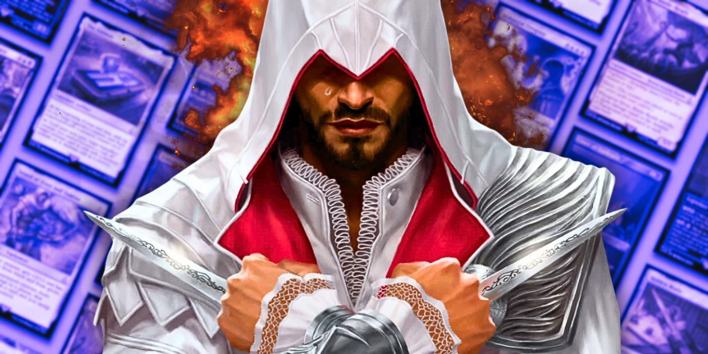 Ezio Auditore in white robes with crossed wristblades in front of flames and an array of Magic the Gathering cards.