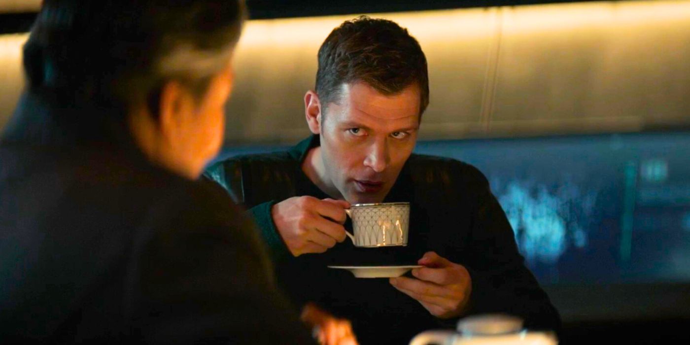 Ackerson (Joseph Morgan) sips tea while chatting to Parangosky in Halo season 2