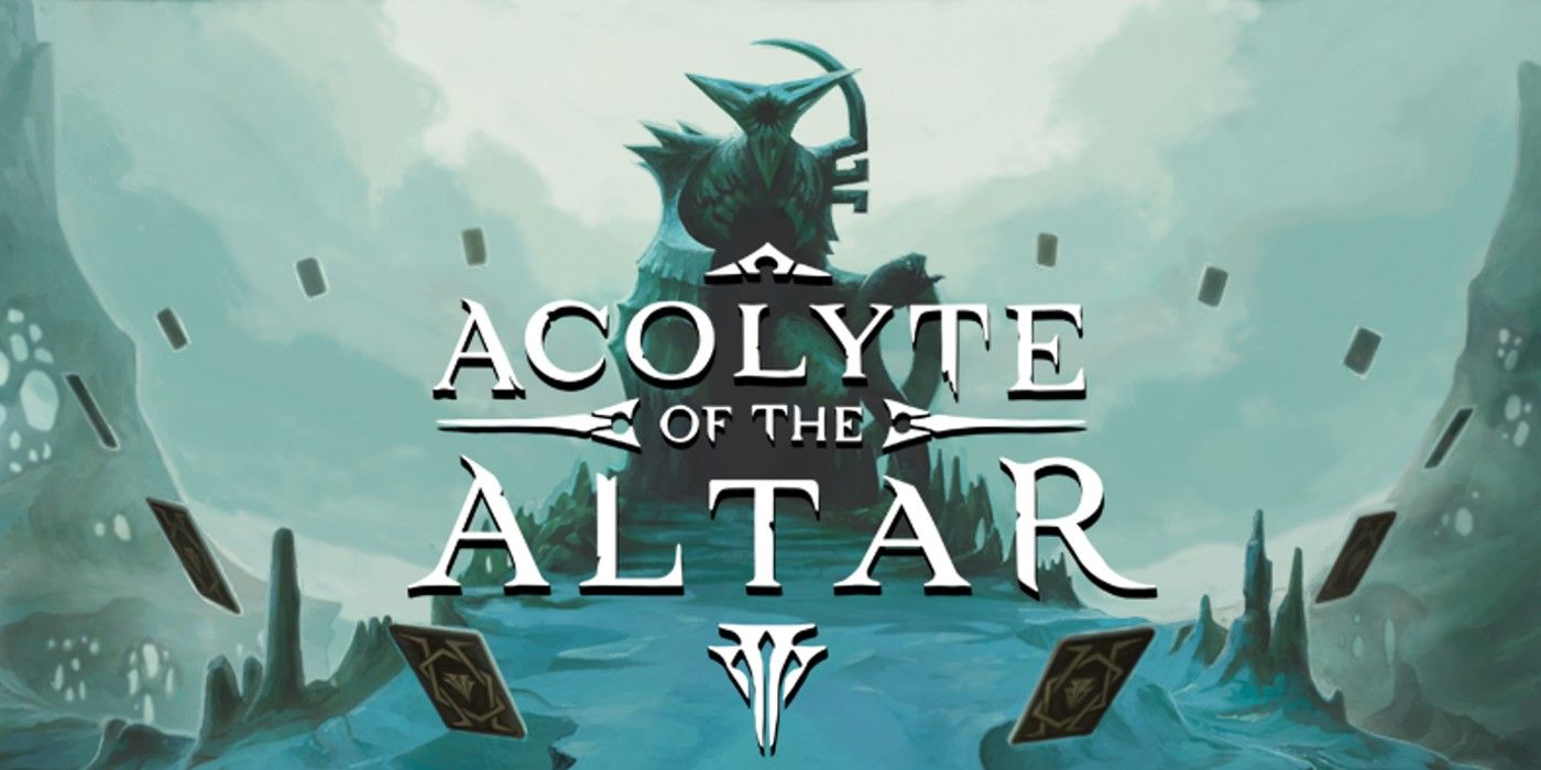 Acolyte of the Altar Key Art showing the title in front of a large birdlike statue, cards circle around it.