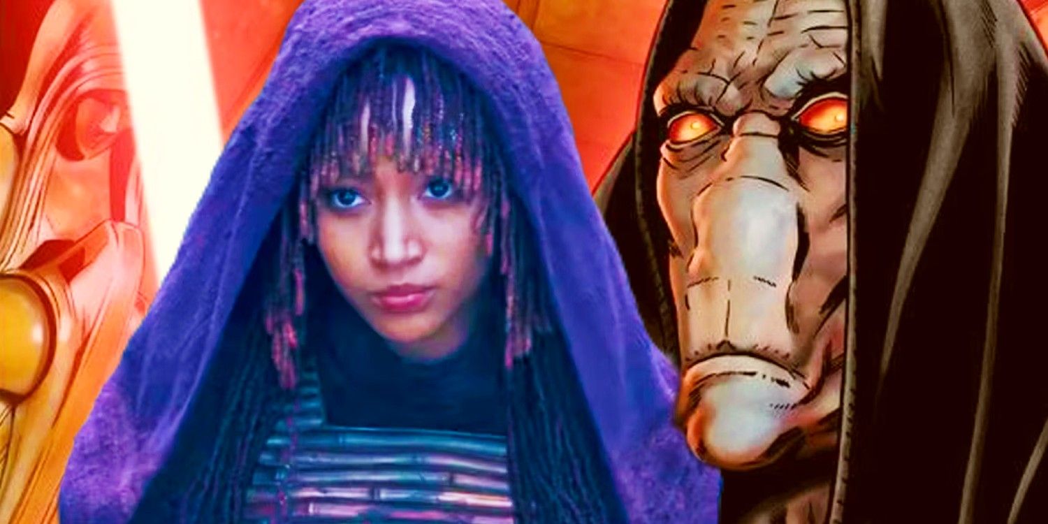 Amandla Stenberg as Mae wearing a purple hood and armor in The Acolyte next to Darth Plagueis with his red lightsaber