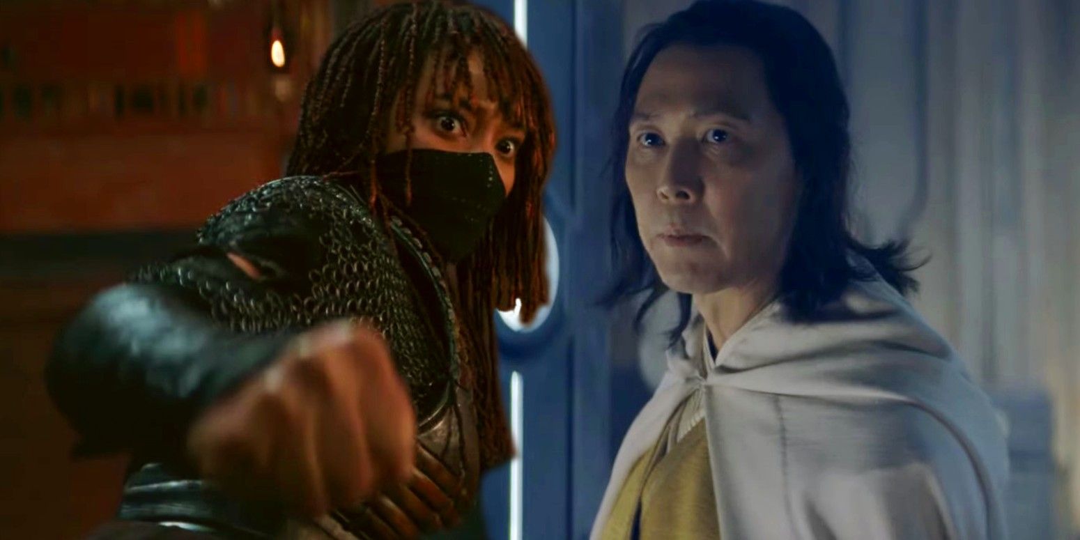 Amandla Stenberg in chain mail armor with a mask covering the lower half of her face next to Lee Jung-jae in white and gold robes in the trailer for Star Wars: The Acolyte