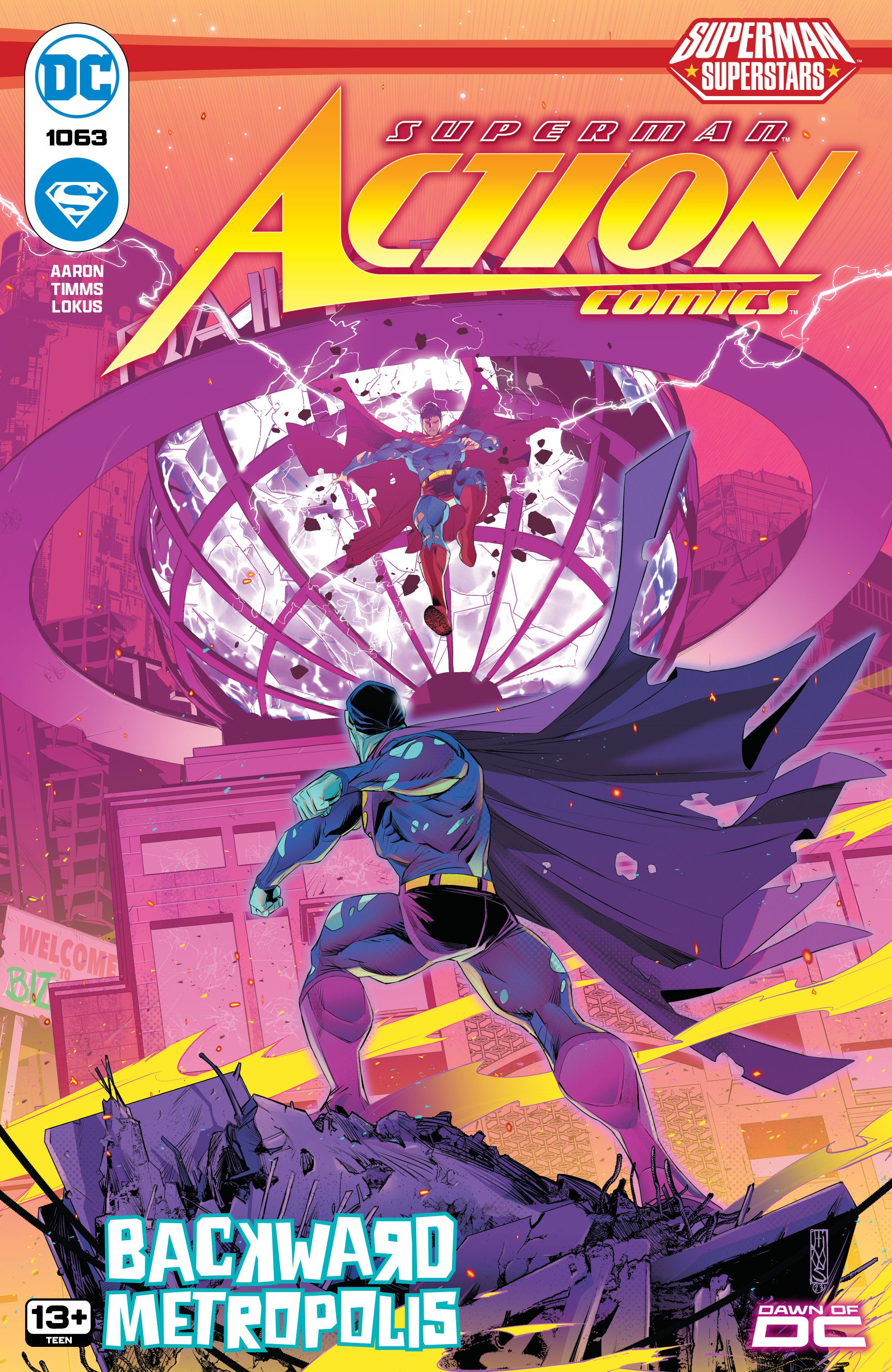 Action Comics 1063 Main Cover: Bizarro punching Superman into the Daily Planet globe.