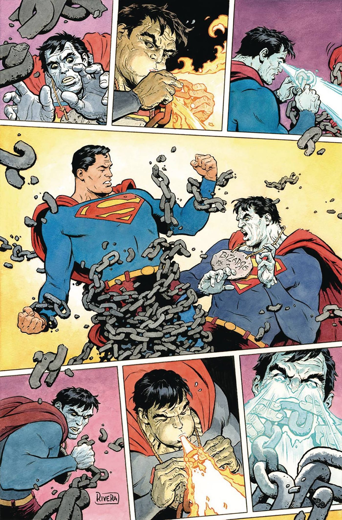 Action Comics 1063 Rivera Variant Cover: Superman fighting Bizarro across many panels.