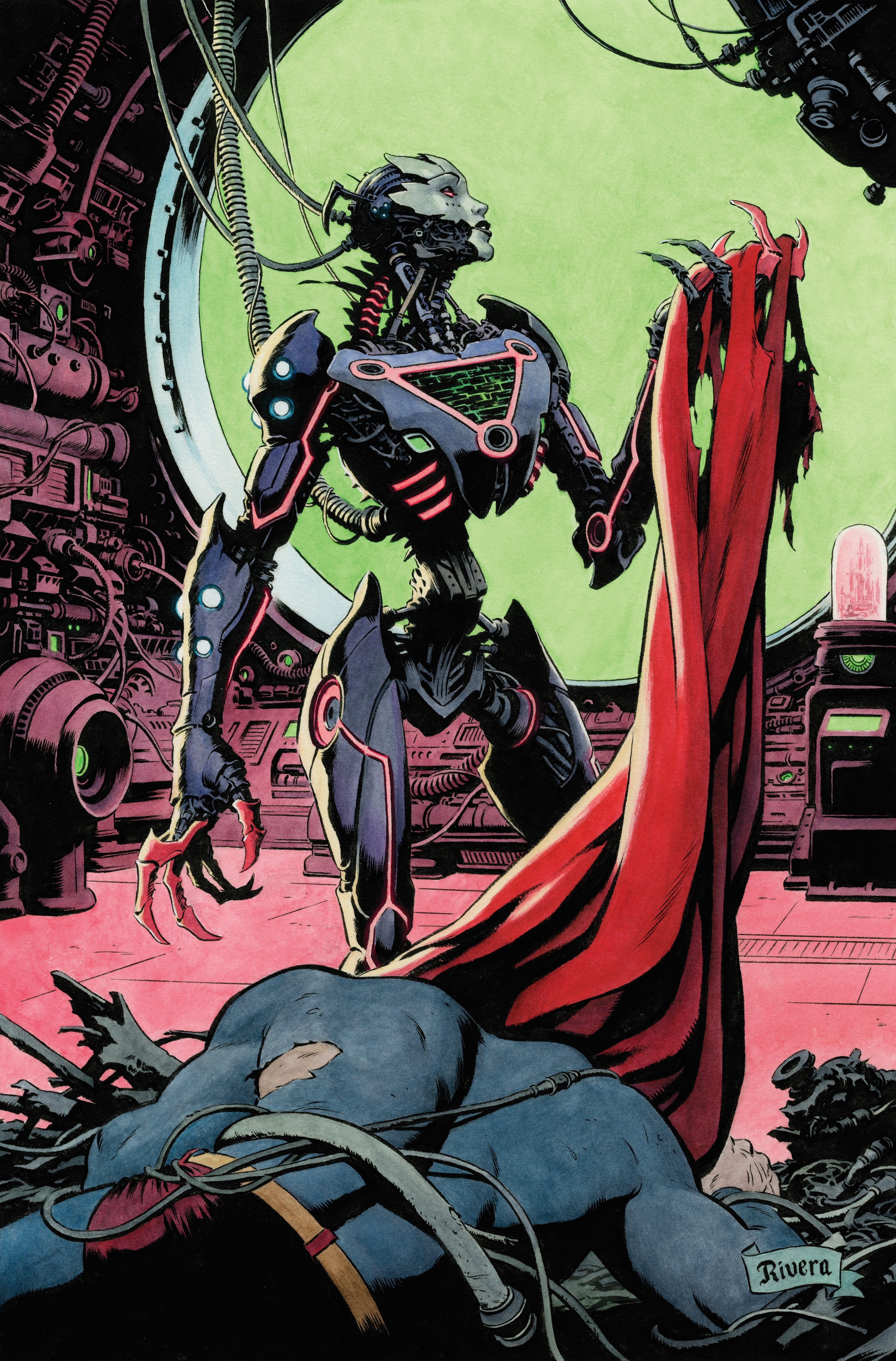 Action Comics 1066 Rivera Variant Cover: Brainiac Queen holding a shredded cape.