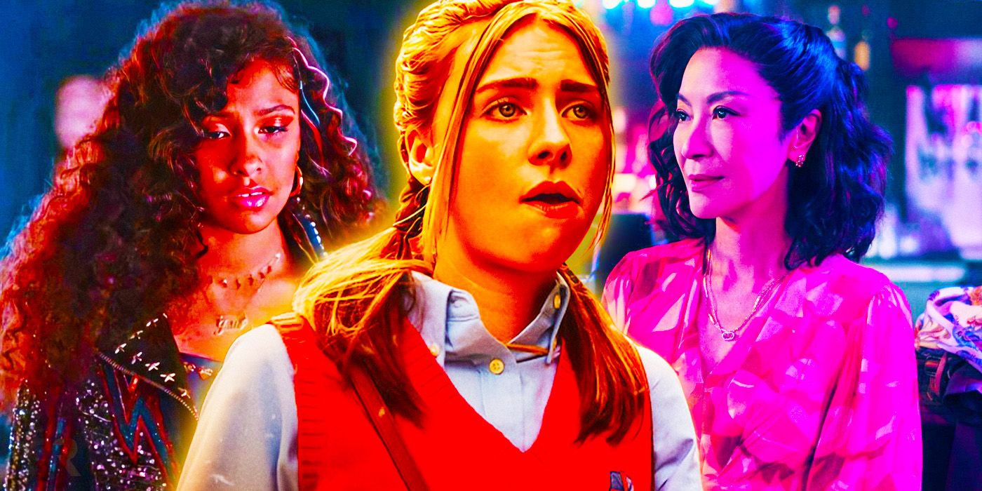 A custom image of Madison Reyes as Julie in Julie and the Phatoms, Maddie Philips as Sterling Wesley in Teenage Bounty Hunters, and Michelle Yeoh as Evelyn in The Brothers Sun.