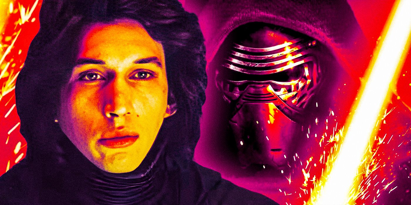 Adam Driver as Kylo Ren with and without his mask in Star Wars: Episode VII - The Force Awakens