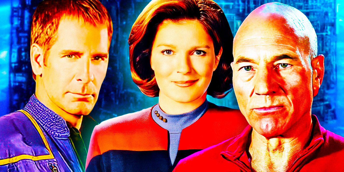 Scott Bakula as Captain Archer, Kate Mulgrew as Captain Janeway, and Patrick Stewart as Captain Picard