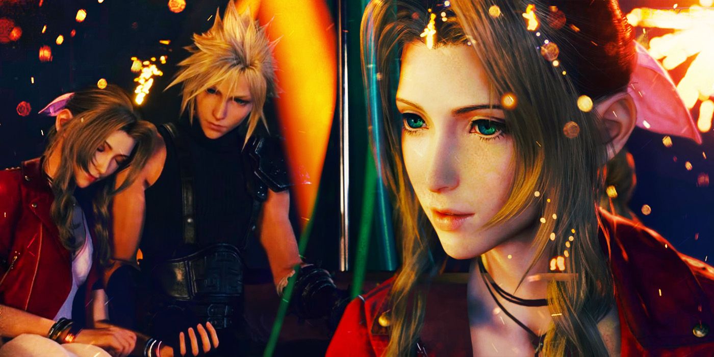 Aerith sleeps on Cloud's shoulder while a render of her face takes up the right side of the image. Blurred dots of golden light sprinkle the image.