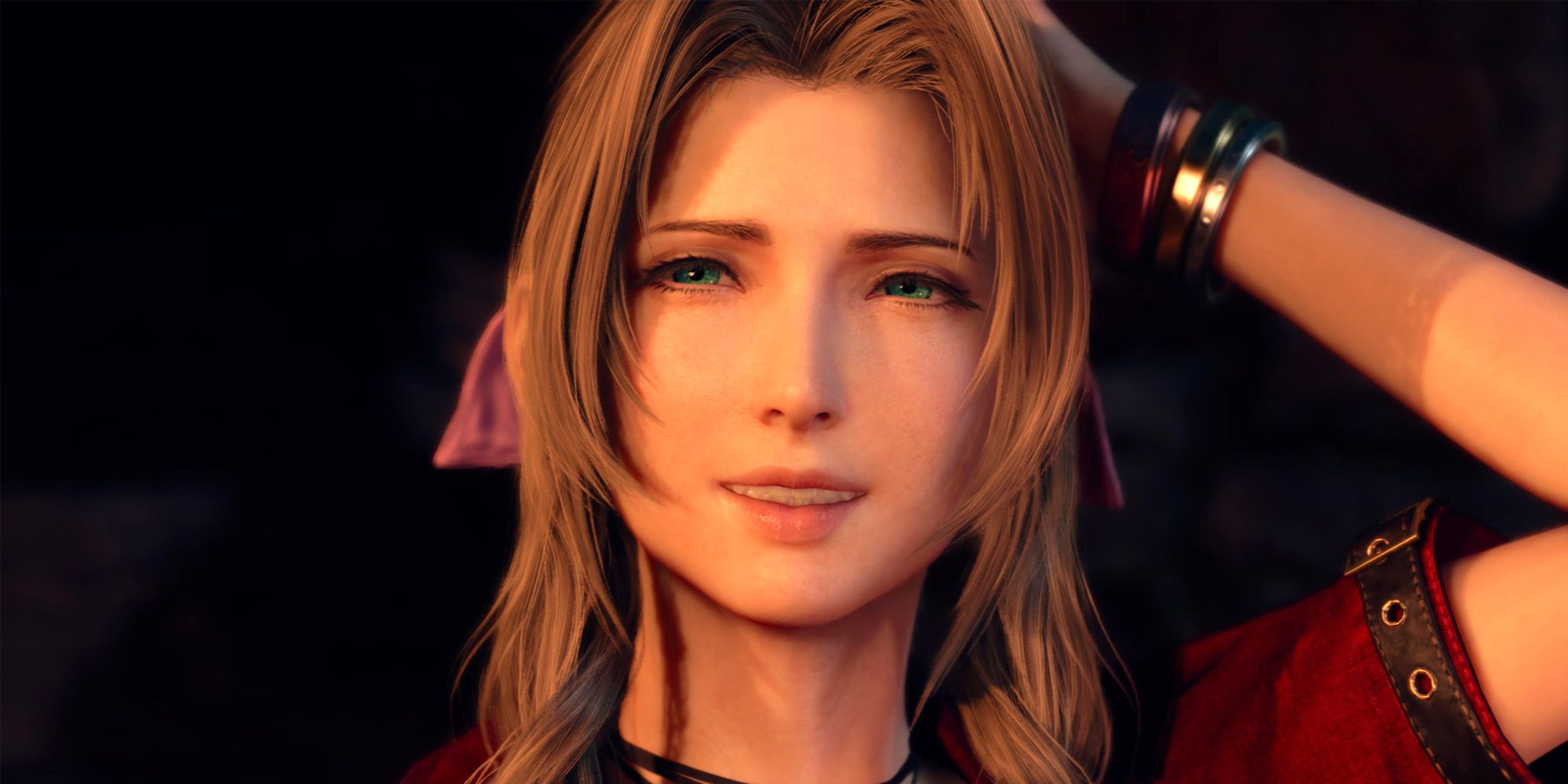 Aerith holding her hand behind her head in FF7 Rebirth.
