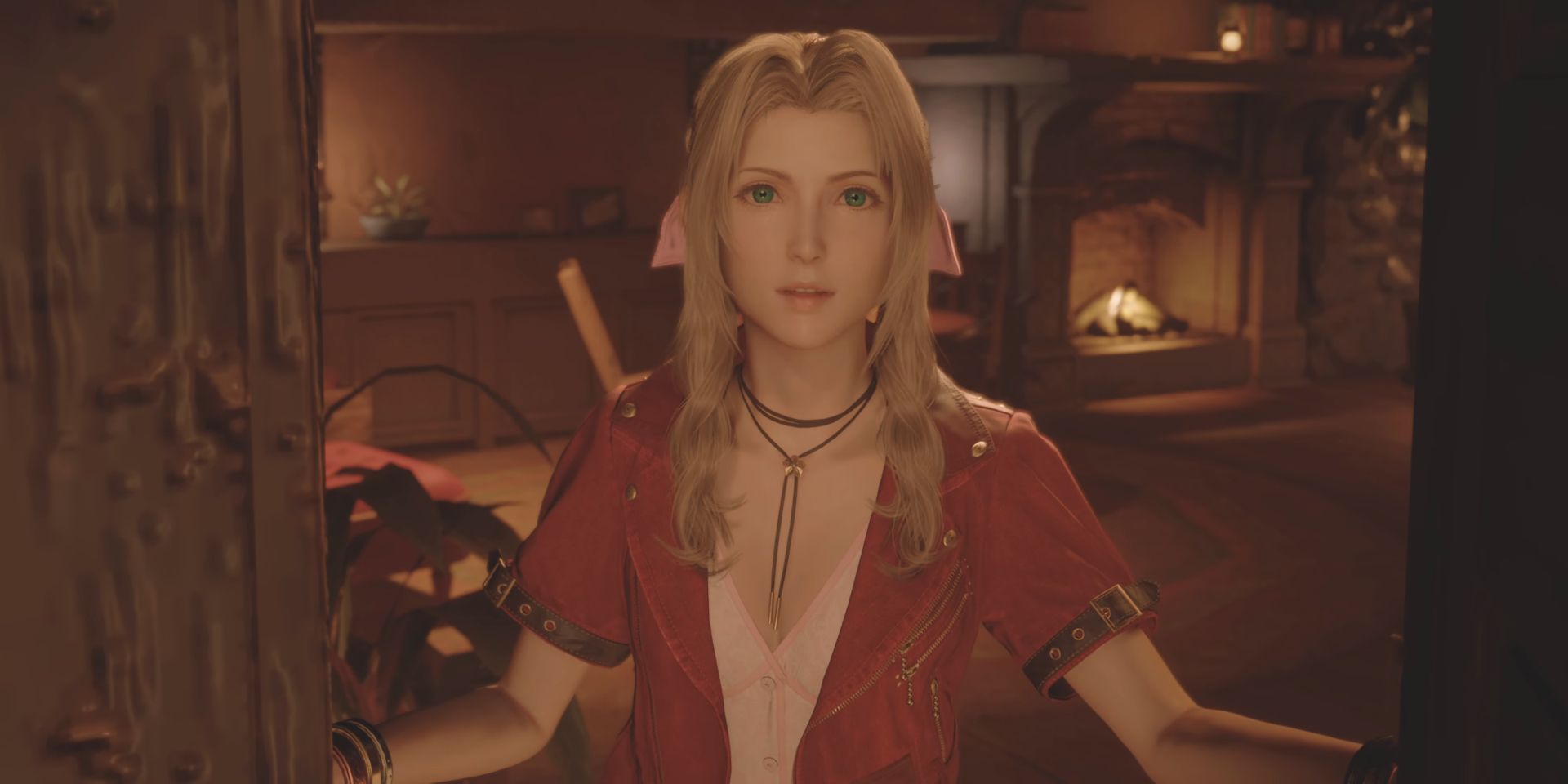 Aerith parece um pouco surpresa ao abrir a porta de seu quarto no Junon Inn em FF7 Rebirth.