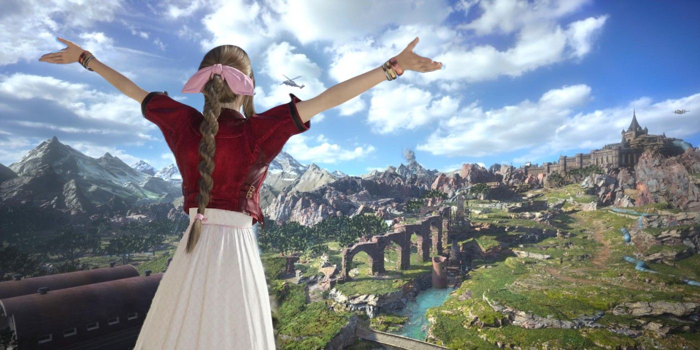 Aerith with her arms outstretched in front of a panoramic view of FF7 Rebirth's Grasslands.-1