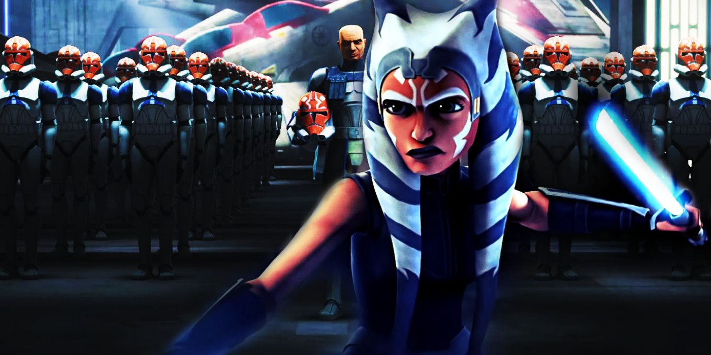 Ahsoka Tano wielding her blue lightsabers in front of an image of the clone troopers wearing helmets painted with Ahsoka's facial markings in Star Wars: The Clone Wars