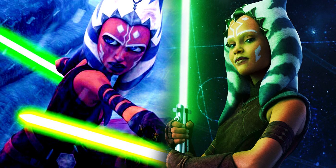 Clone Wars-era Ahsoka Tano in both live-action and animation, carrying her green ligthsabers 