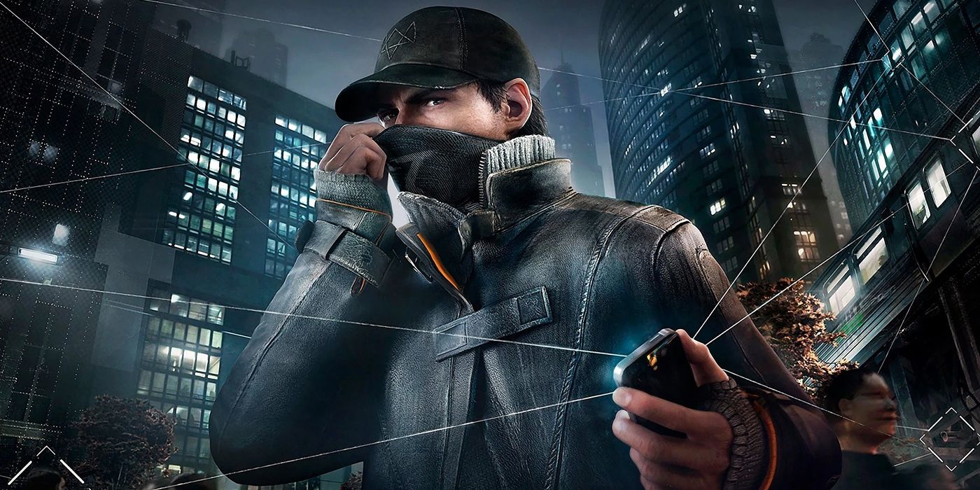 Aiden Pierce hacking in Watch Dogs with a city scape behind him