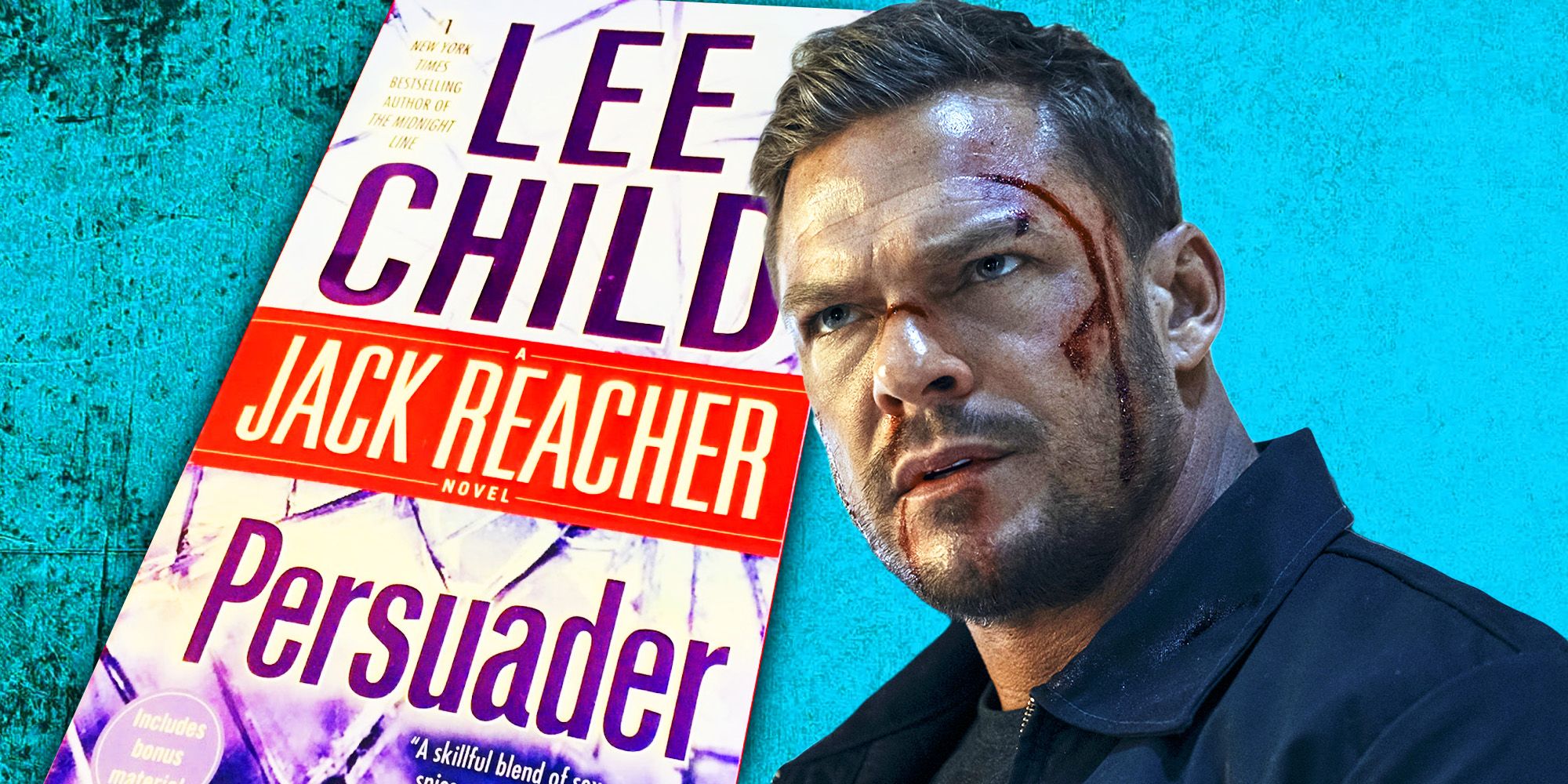 Alan Ritchson as Reacher and the cover for Lee Child's Persuader