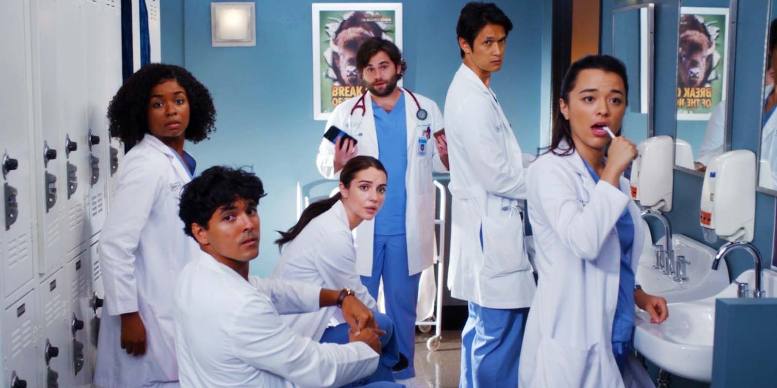 Alexis Floyd as Simone, Niko Terho as Lucas, Adelaide Kane as Jules, Jake Borelli as Levi, Harry Shum Jr. as Blue, Midori Francis as Mika in Grey's Anatomy season 19 episode 3