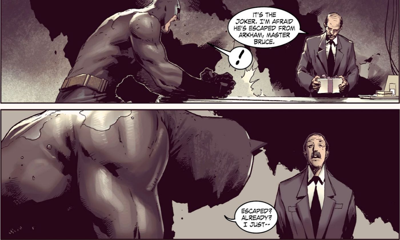 Comic book panels: Alfred Informs Batman That The Joker Has Escaped