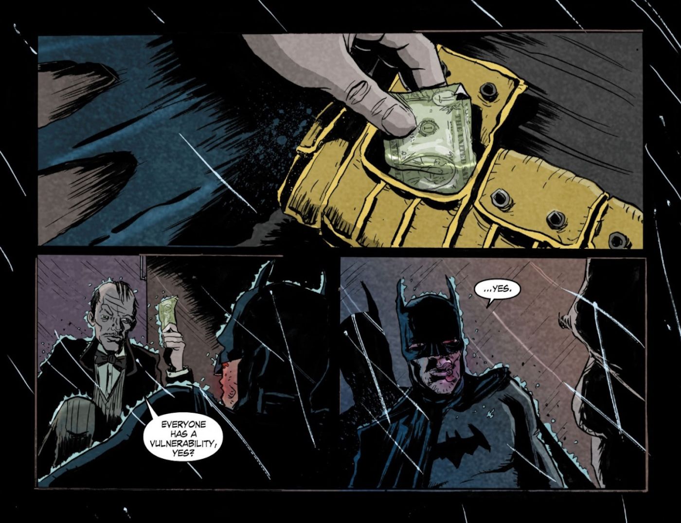 Painel de quadrinhos: Alfred tira dinheiro do cinto de utilidades do Batman.