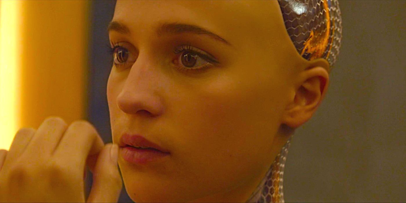 Alicia Vikander with the skin removed from her head and neck to show her android interior in a scene from Ex Machina