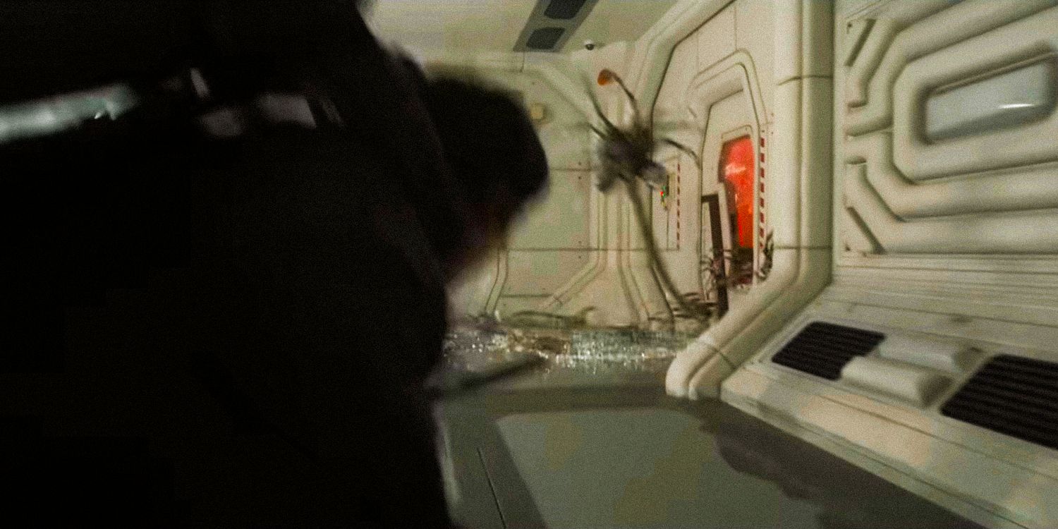 Facehuggers bursting through a door in Alien: Romulus