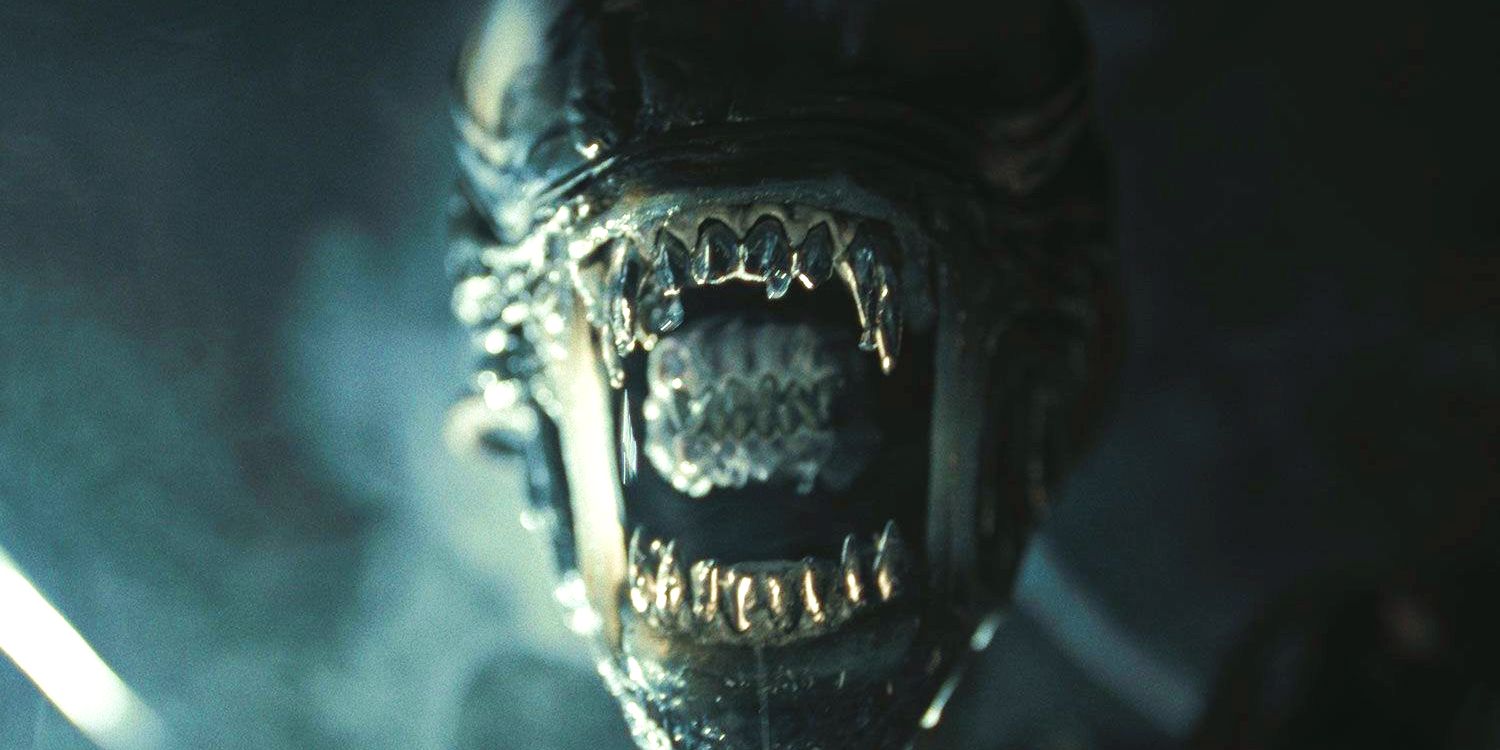 A Xenomorphs extends its inner mouth in an extreme close-up from Alien: Romulus