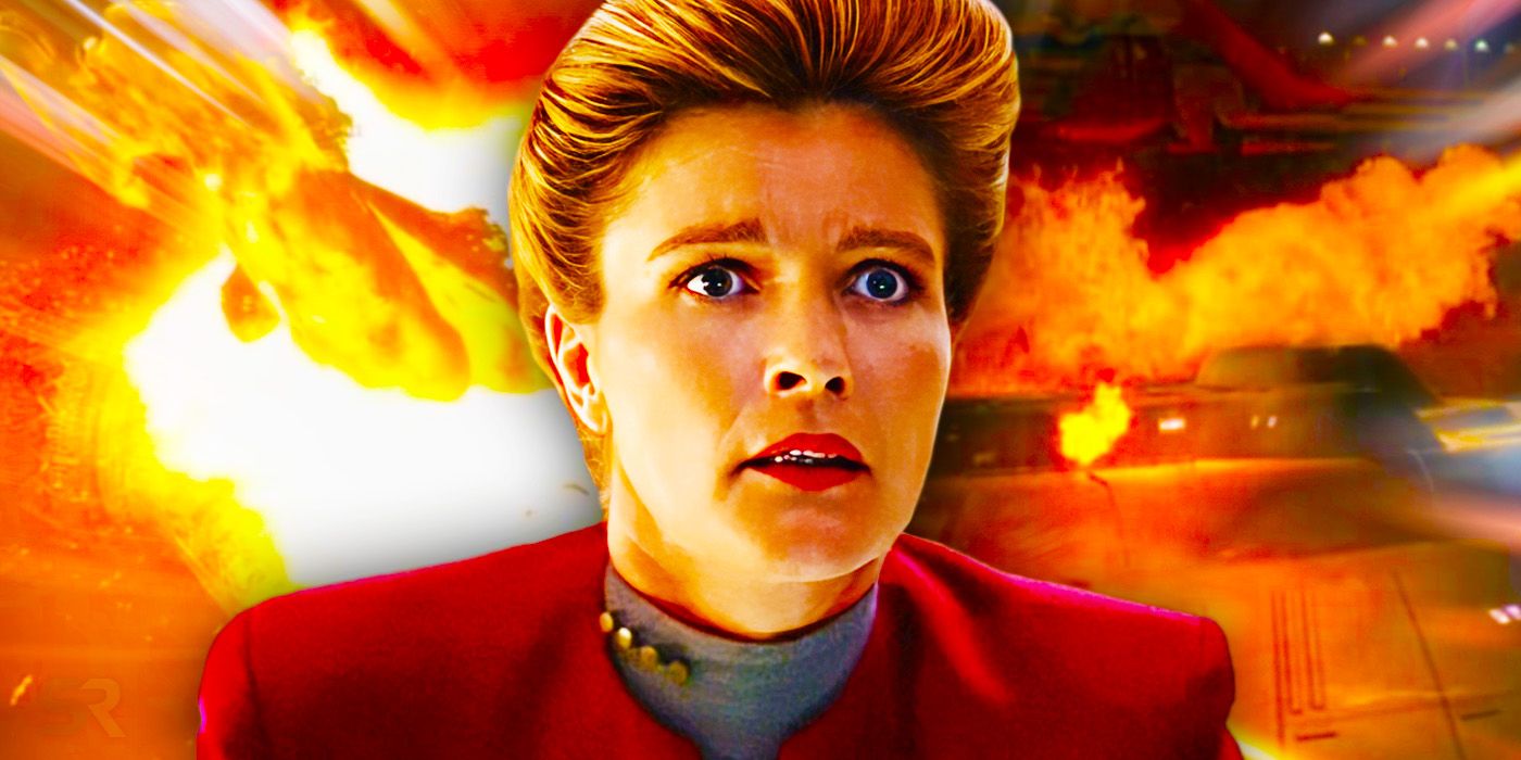 Captain Janeway (Kate Mulgrew) with the USS Voyager being destroyed in the background.