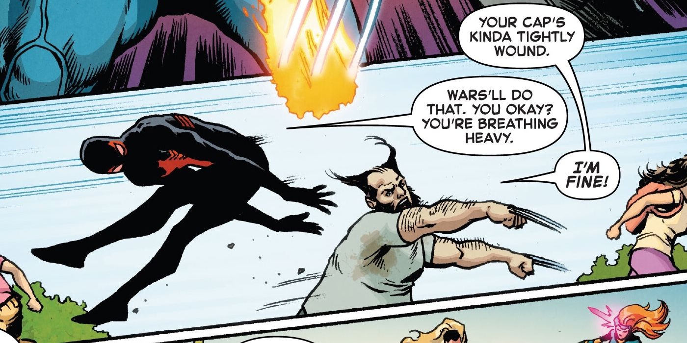 Alternate Miles Morales' Spider-Man jumping over a beer bellied Wolverine while they fight