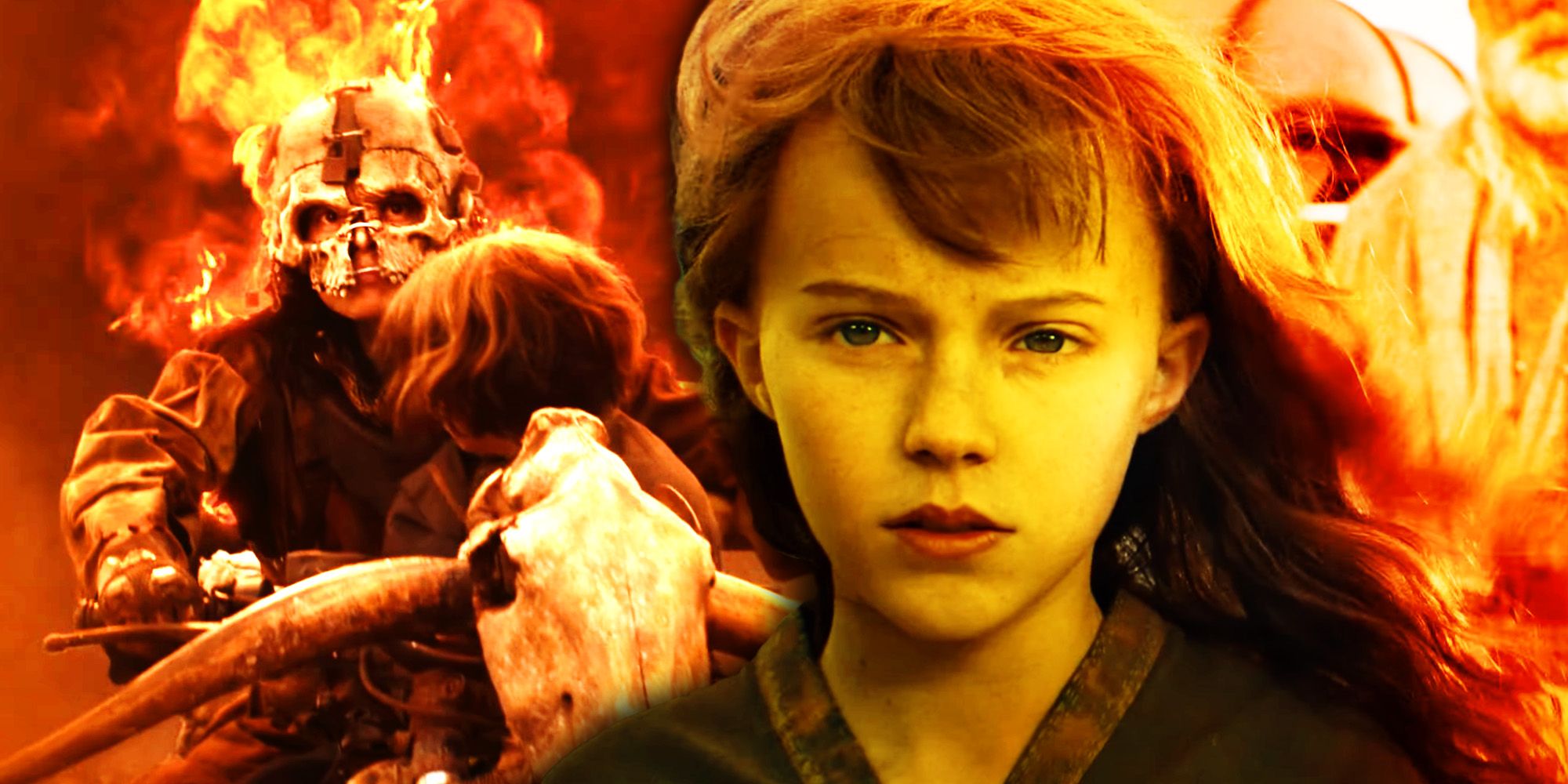 The child version of Furiosa stands in front of characters wearing skulls in Furiosa: A Mad Max Saga.