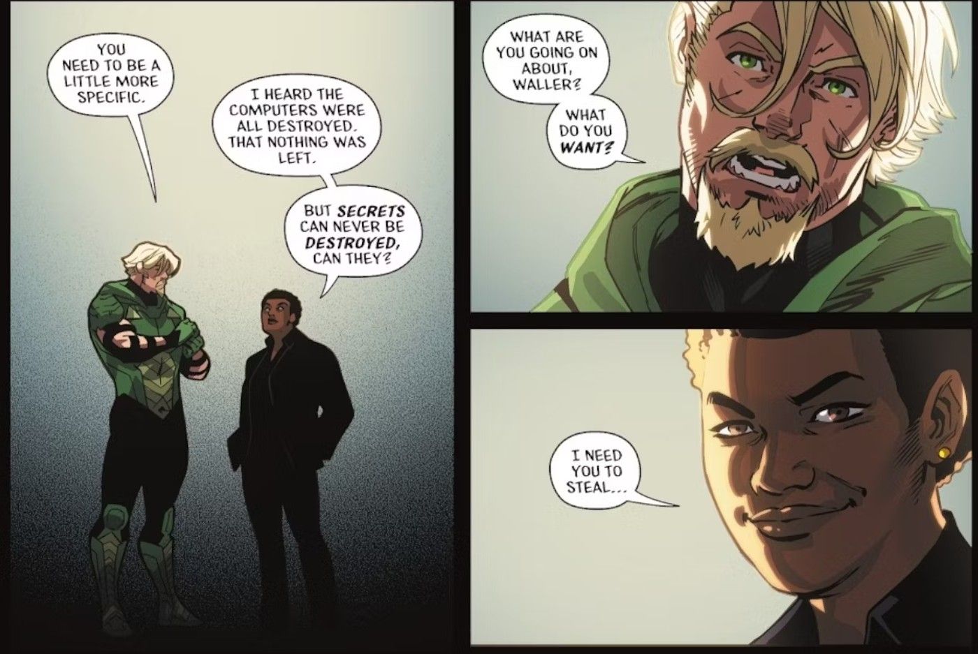 Comic book panels: Amanda Waller and Green Arrow discuss her new mission.