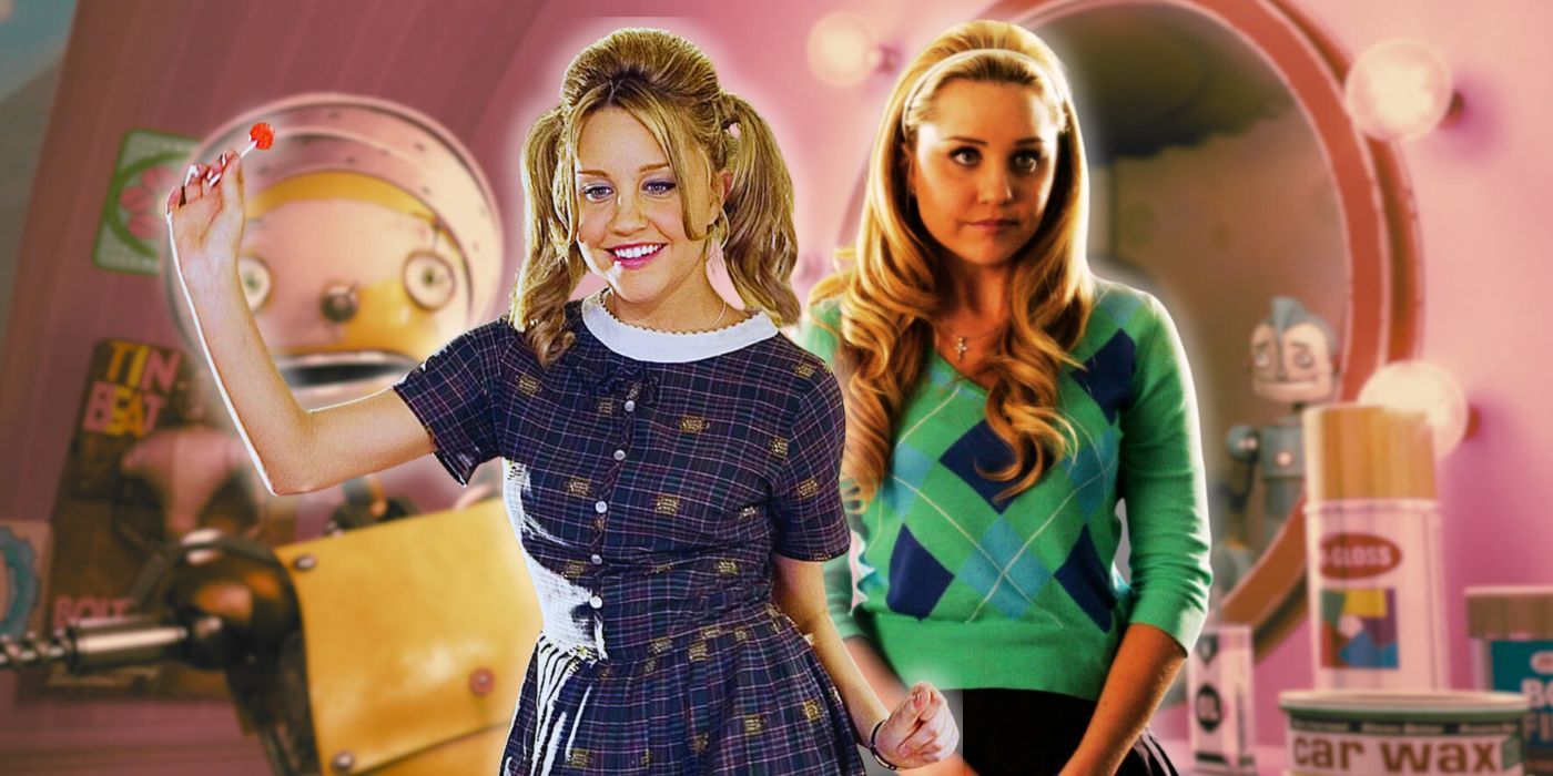 The background features Piper in robots while the foreground features Amanda Bynes as Penny in Hairspray and Marian in Easy A